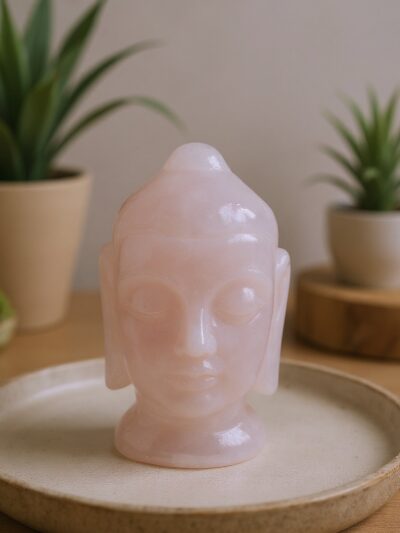 Buddha Head Figurine in Rose Quartz Gemstone – Meditation & Positive Energy Décor