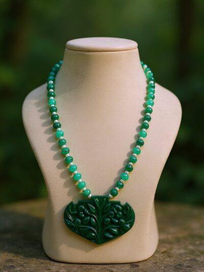 Green Emerald Leaf Necklace – Heritage-Inspired Designer Jewelry