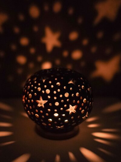Terracotta Starry Night T-Light Holder (Sphere with Star & Dot Cutouts)