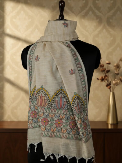 Regal Lotus Arch Handpainted Madhubani Dupatta | Khadi Cotton Stall