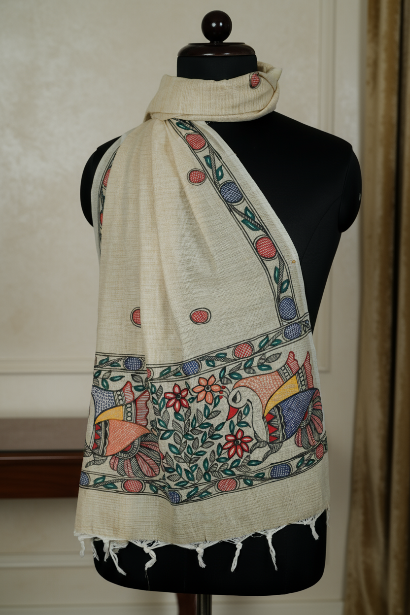 Garden Melody Handpainted Madhubani Dupatta | Khadi Cotton Ethnic Wear
