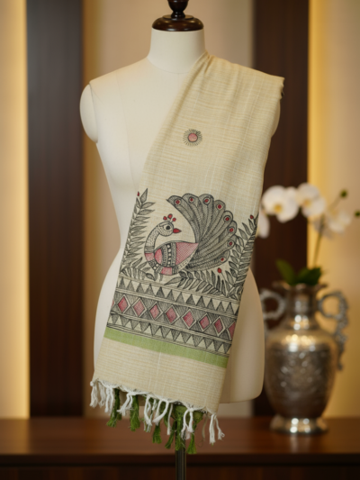 Peacock Radiance Madhubani Dupatta | Handpainted Khadi Cotton Elegance