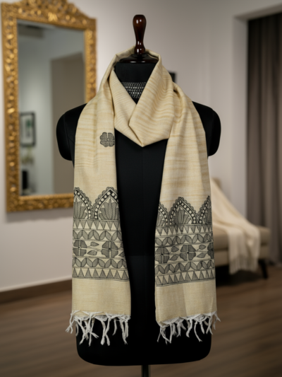 Sacred Motifs Madhubani Khadi Dupatta | Handpainted Traditional DUPATTA