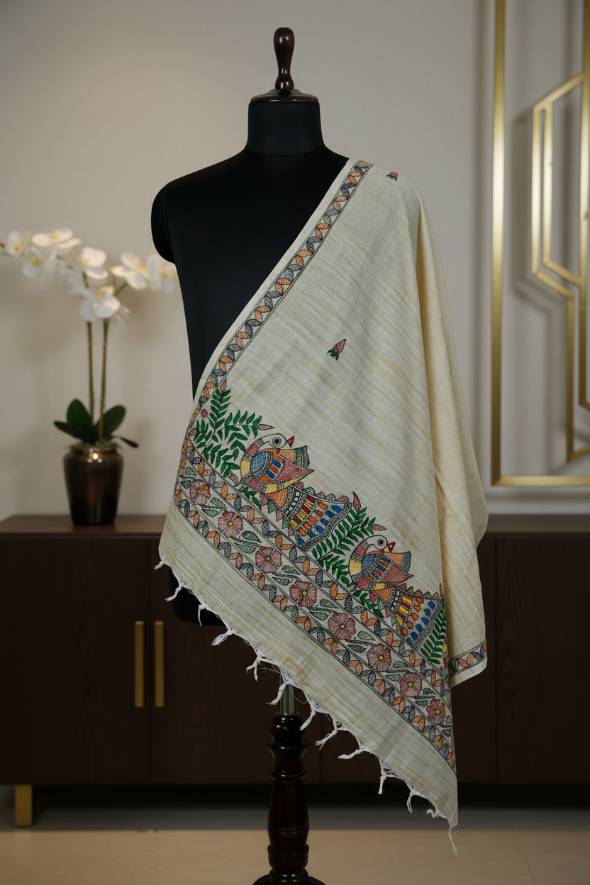 Feathered Symphony Handpainted Madhubani Khadi Dupatta | Artistic Stall