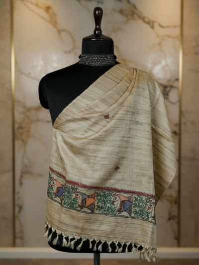 Song of the Birds Madhubani Dupatta | Handpainted Khadi Cotton Wrap
