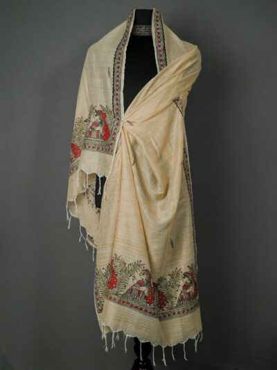 Vrindavan Grace Khadi Cotton Dupatta | Handpainted Madhubani Design