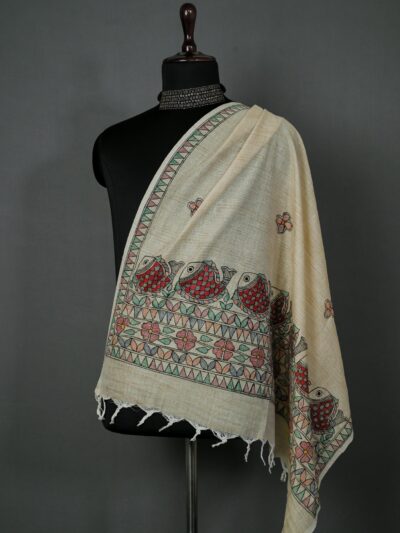Crimson Currents Handpainted Khadi Cotton Dupatta | Madhubani Art Wrap