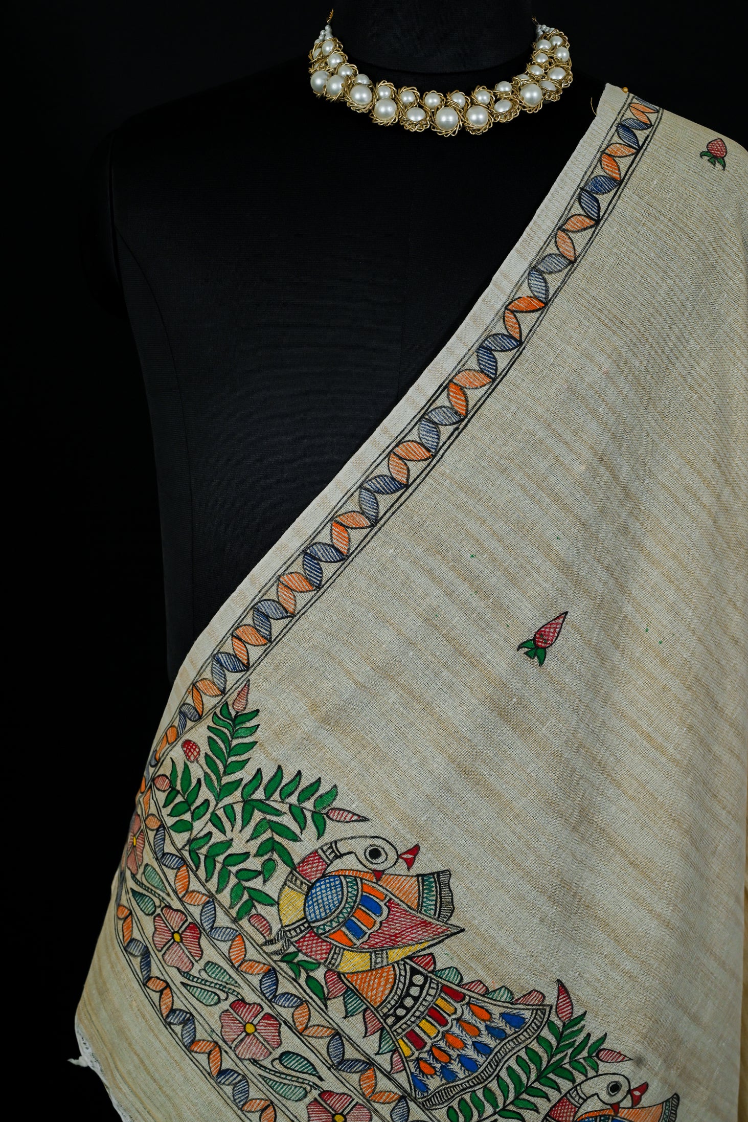 Feathered Symphony Handpainted Madhubani Khadi Dupatta | Artistic Stall