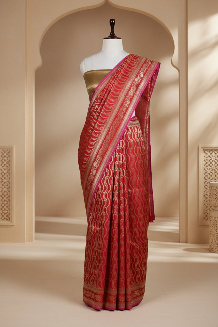 Lal Gulmohar Saree | Handwoven Banarasi Silk Saree
