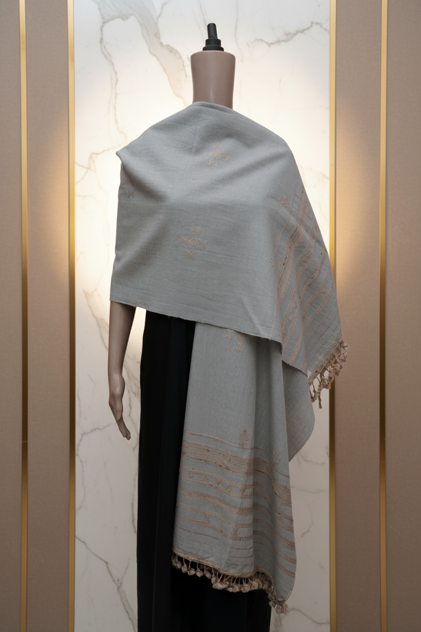 Dewy Mist | Handwoven Kutch Wool Mirrorwork Shawl