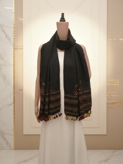 Midnight Oasis – Wool Mirrorwork Stall | Handwoven Kutch Weaving